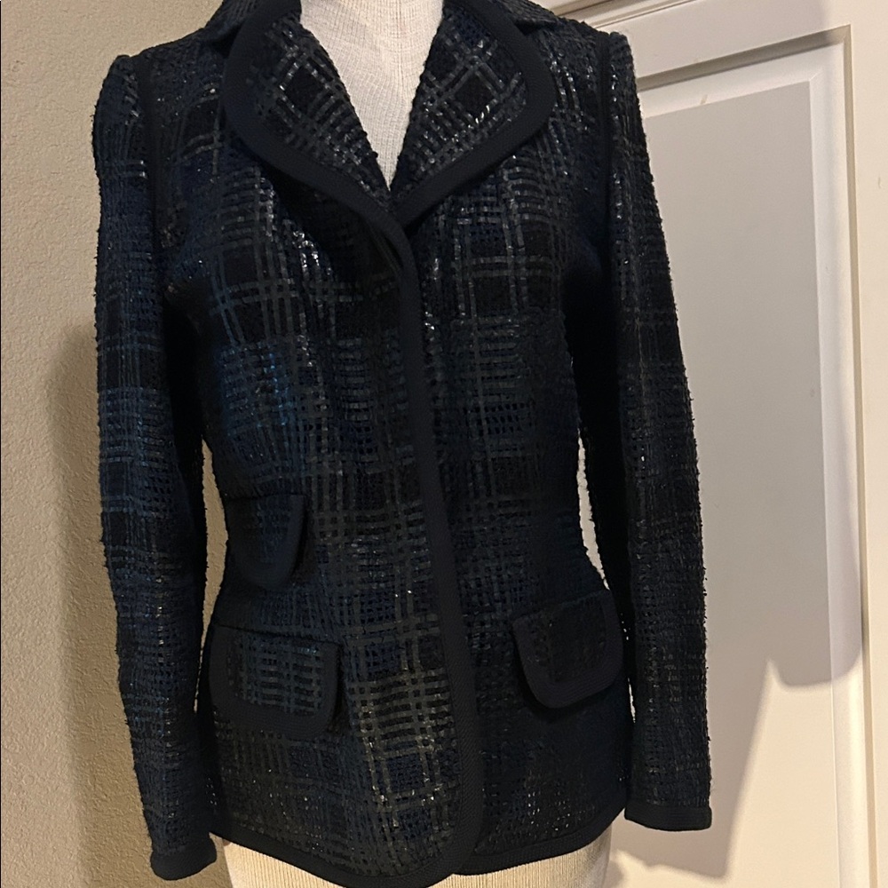 Louis Vuitton Textured Grid Tweed Jacket Blazer Black Blue 38